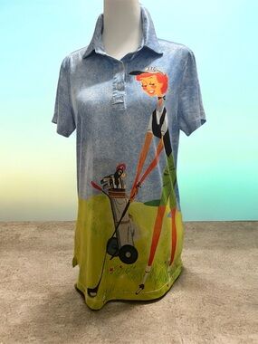 Novelty Golf-Print Polo Shirt in Light Blue & Green, Size Small, Acegolfs, EUC